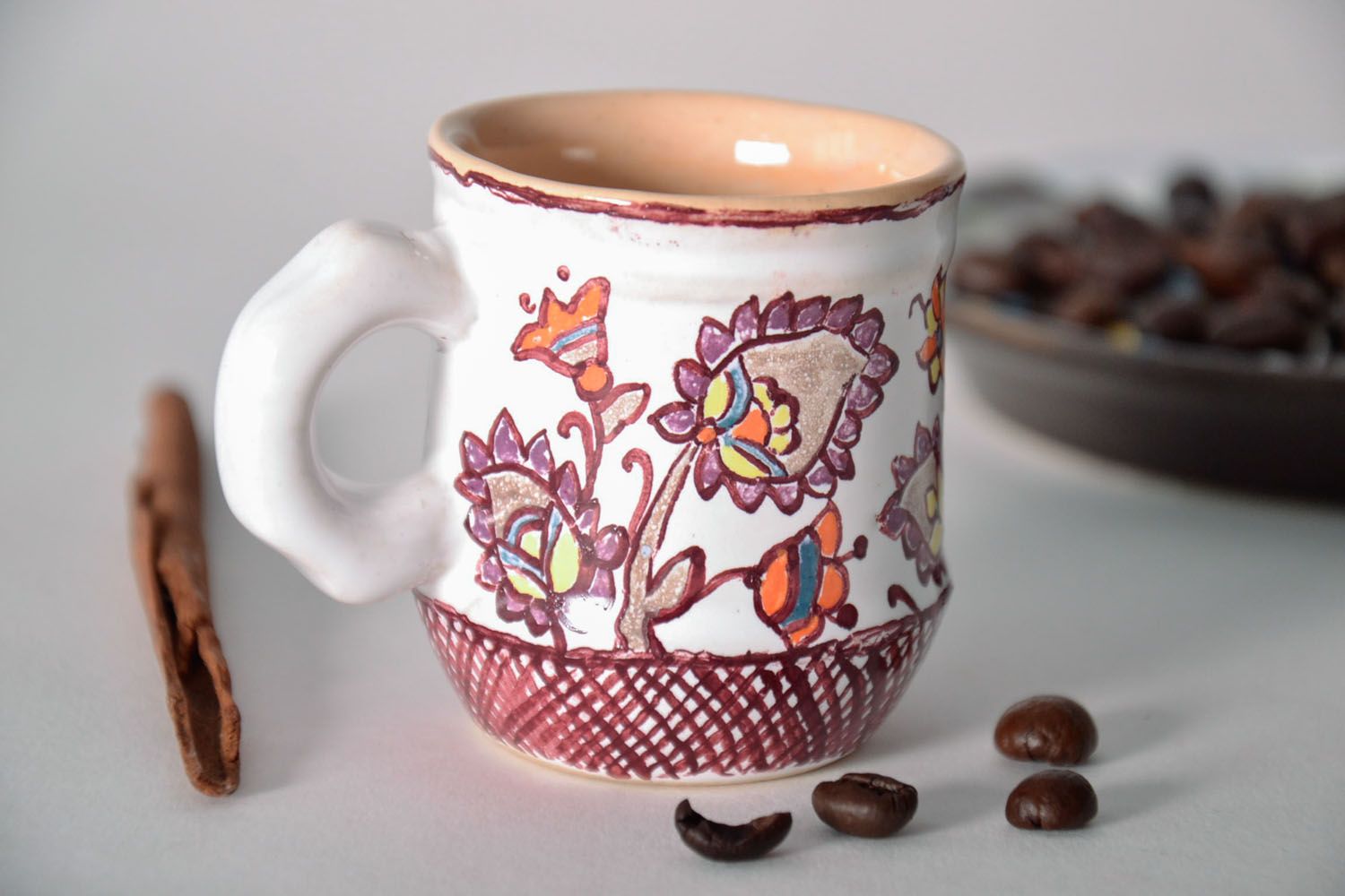 White and cherry color clay glazed decorative coffee cup with handle and beige glaze inside photo 1