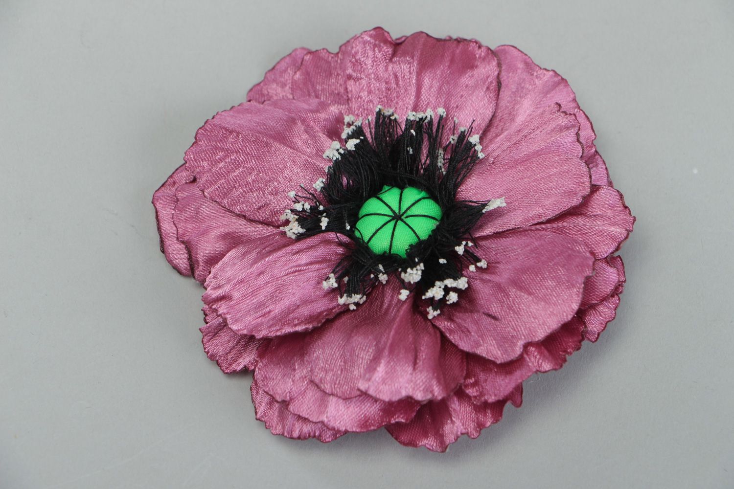 Homemade women's satin fabric flower brooch of pink color photo 1