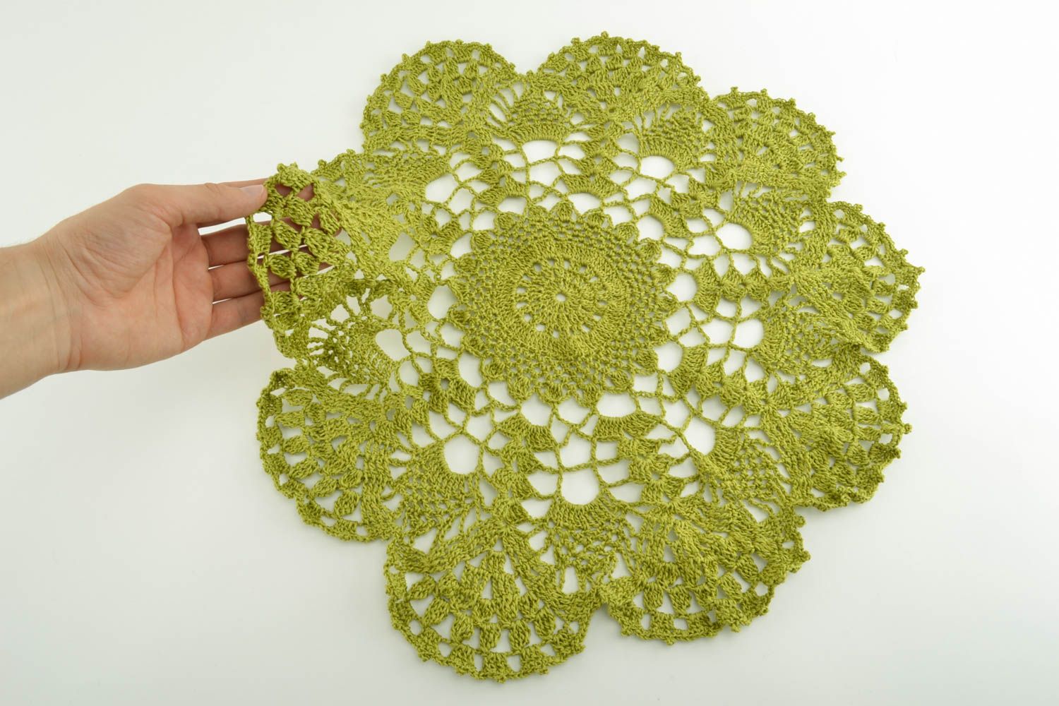 Lace crochet tablecloth of green color photo 2