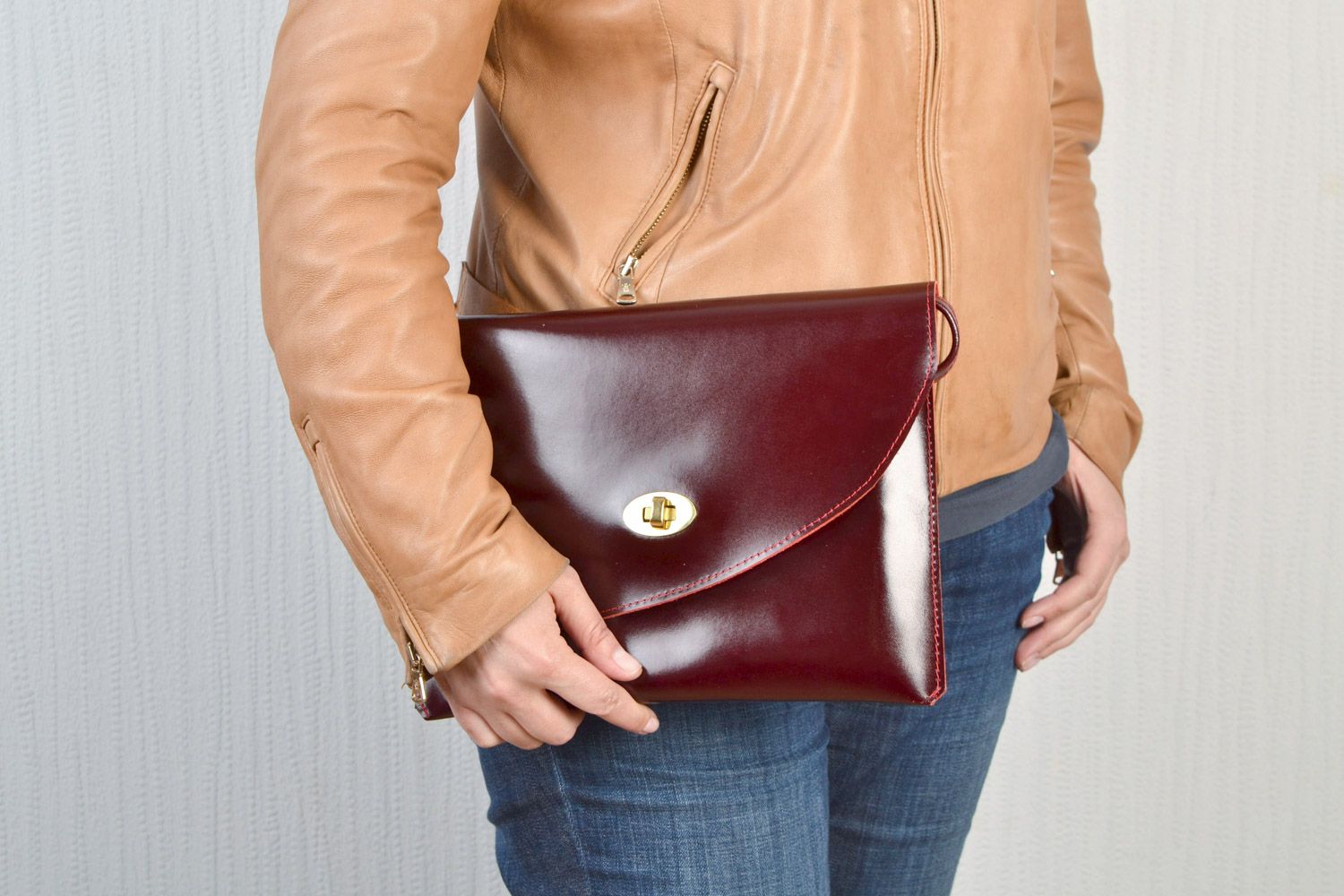 Handmade stylish genuine leather clutch bag of deep cherry color for women photo 1