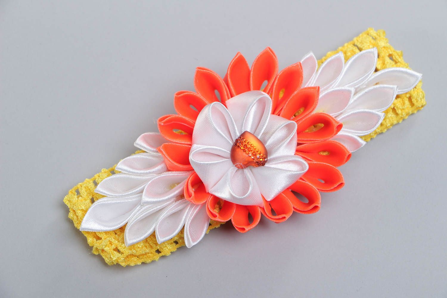 Handmade designer headband with yellow stretch basis and bright kanzashi flower photo 2