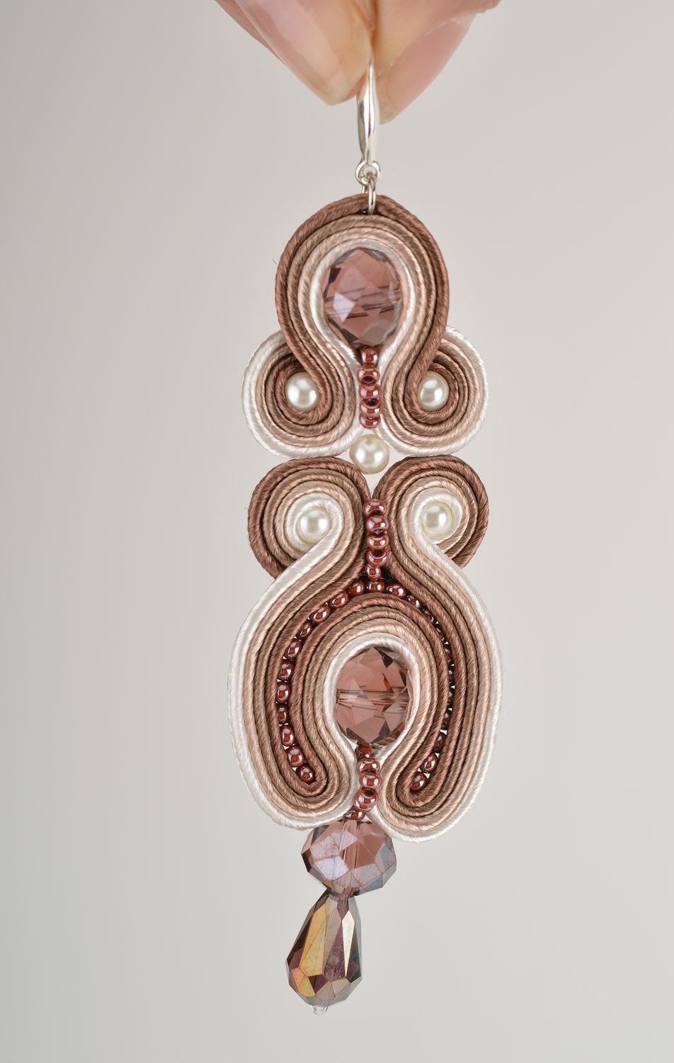Handmade massive beige bracelet and earrings created using soutache technique photo 3