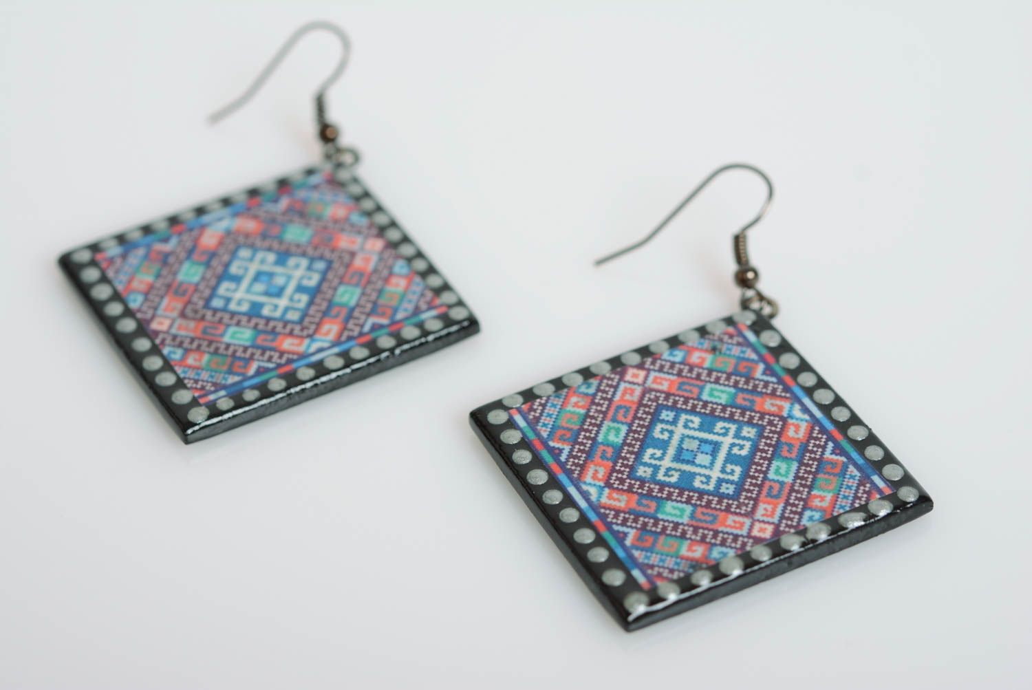 Beautiful handmade designer decoupage MDF earrings with ethnic pattern photo 1