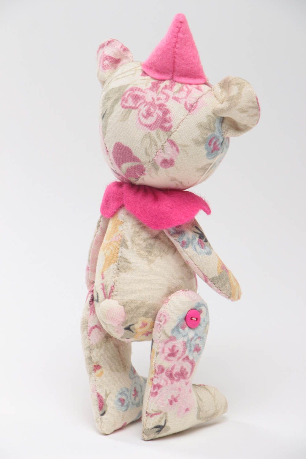 Handmade designer soft toy sewn of linen and felt Bear in pink color palette photo 4