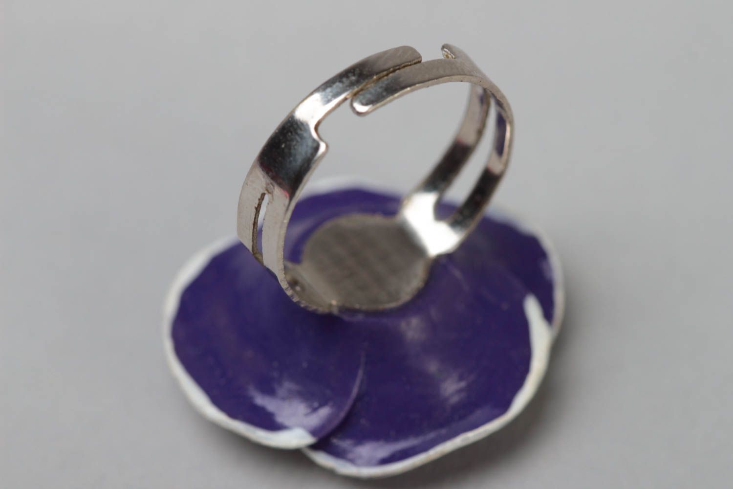 Handmade designer jewelry ring on metal basis with polymer clay violet flower photo 4