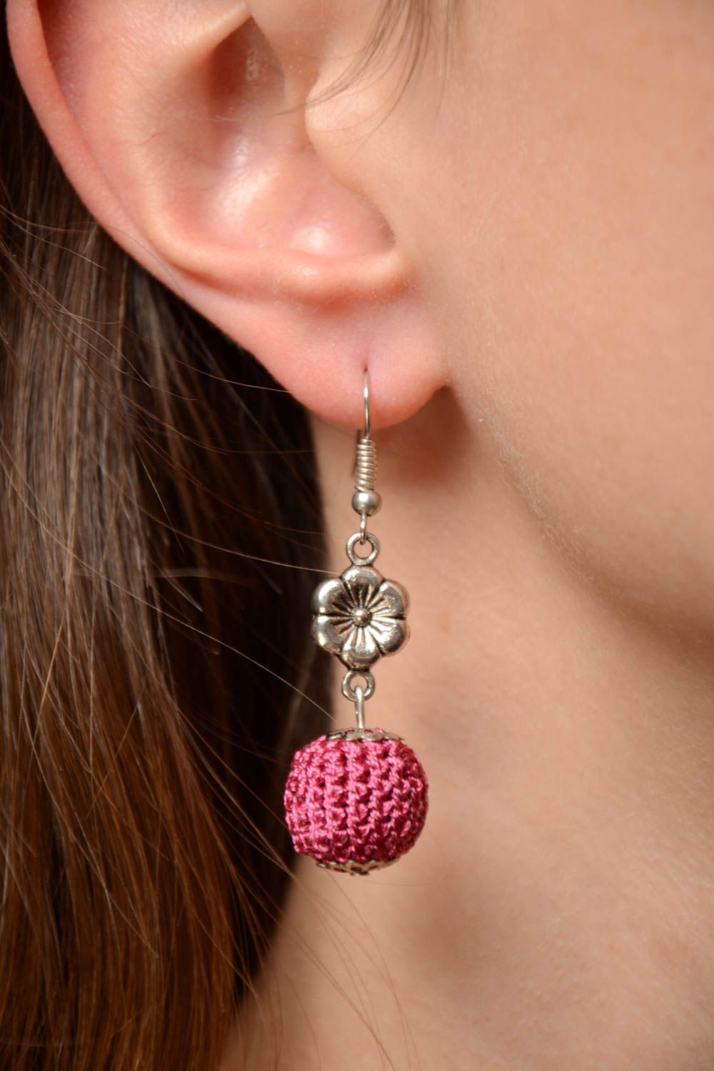 Beautiful homemade crochet ball earrings of crimson color designer jewelry photo 2