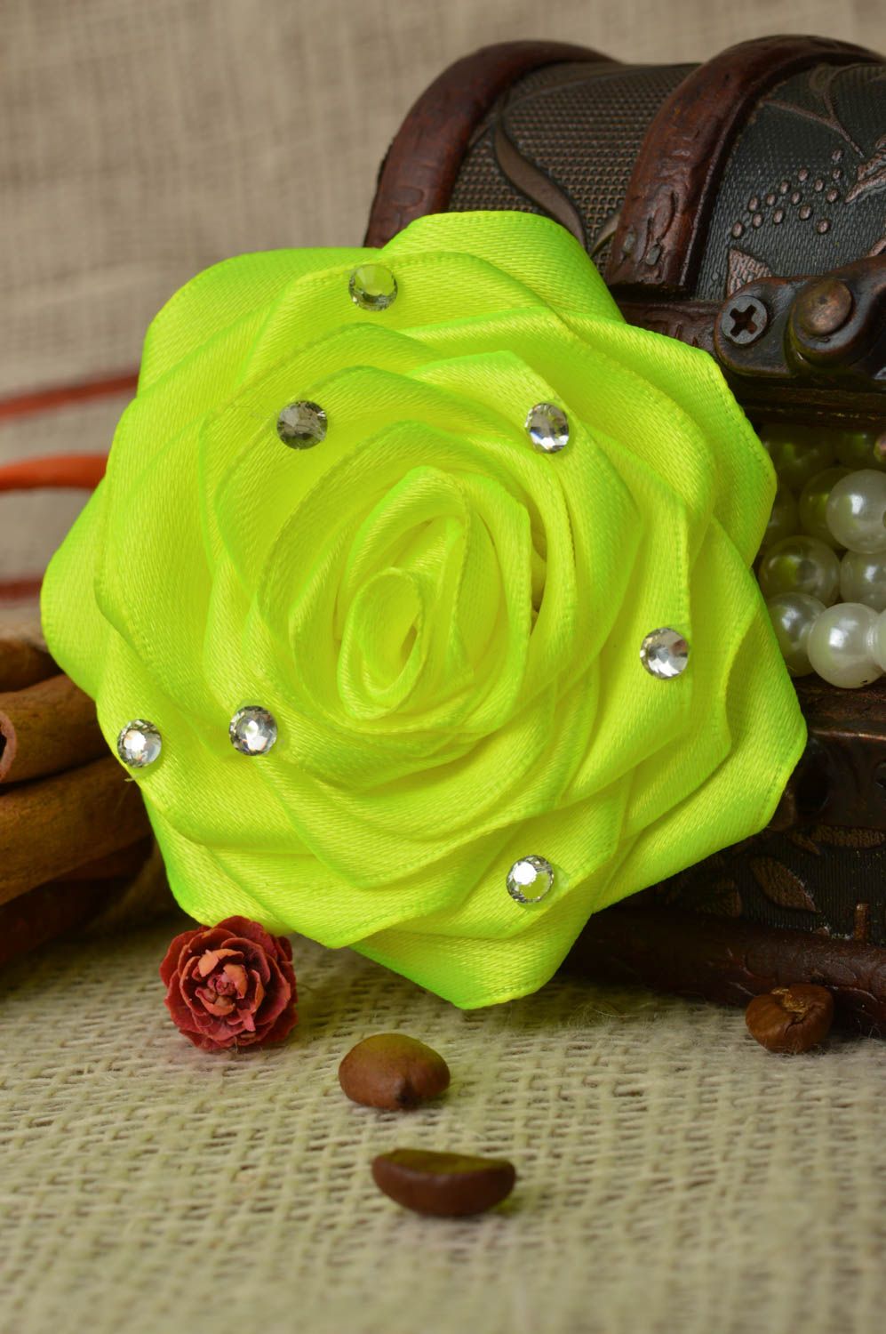Handmade designer decorative hair tie with bright neon satin ribbon flower photo 1