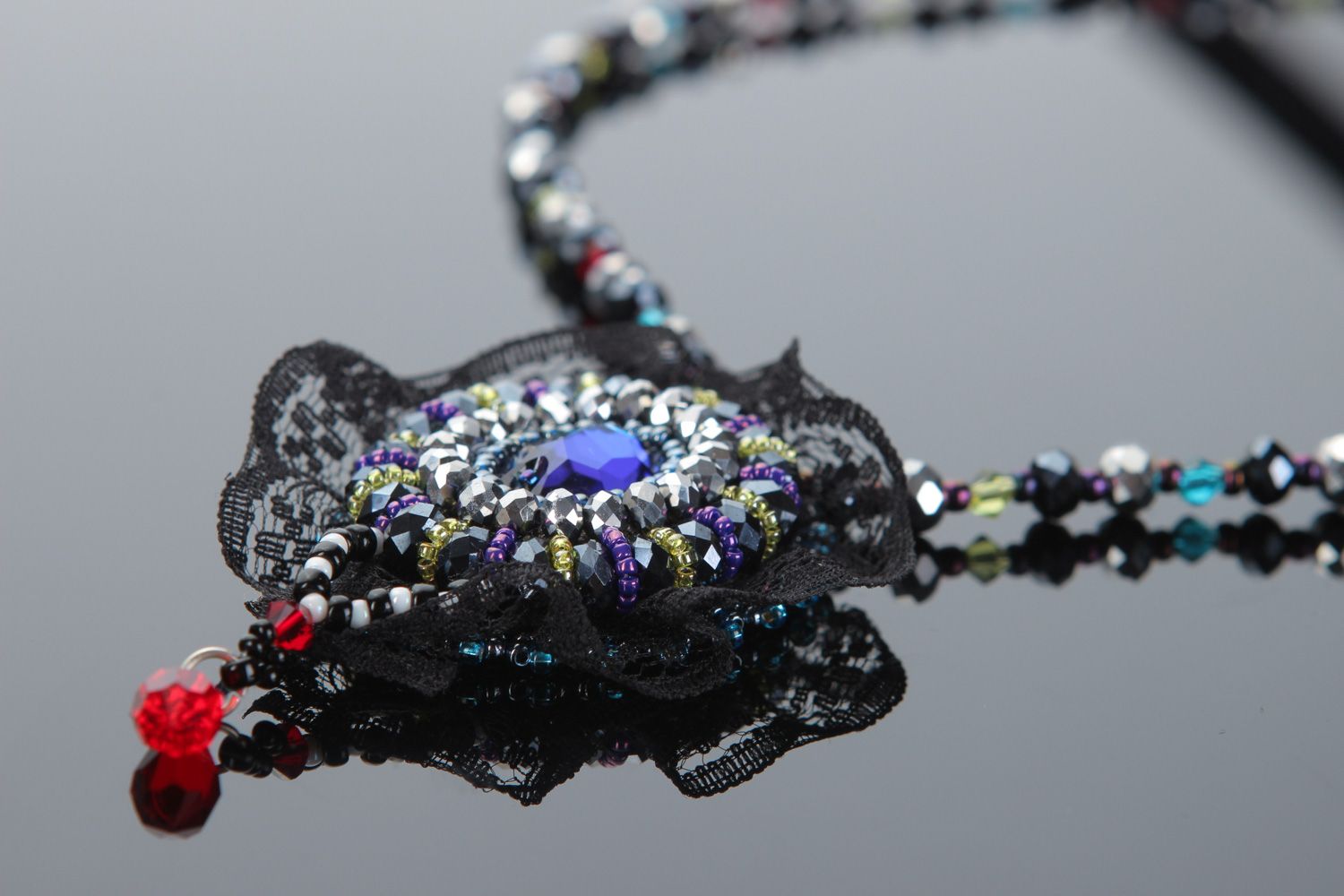 Handmade elegant evening beaded pendant with Austrian crystals and lace for ladies photo 3