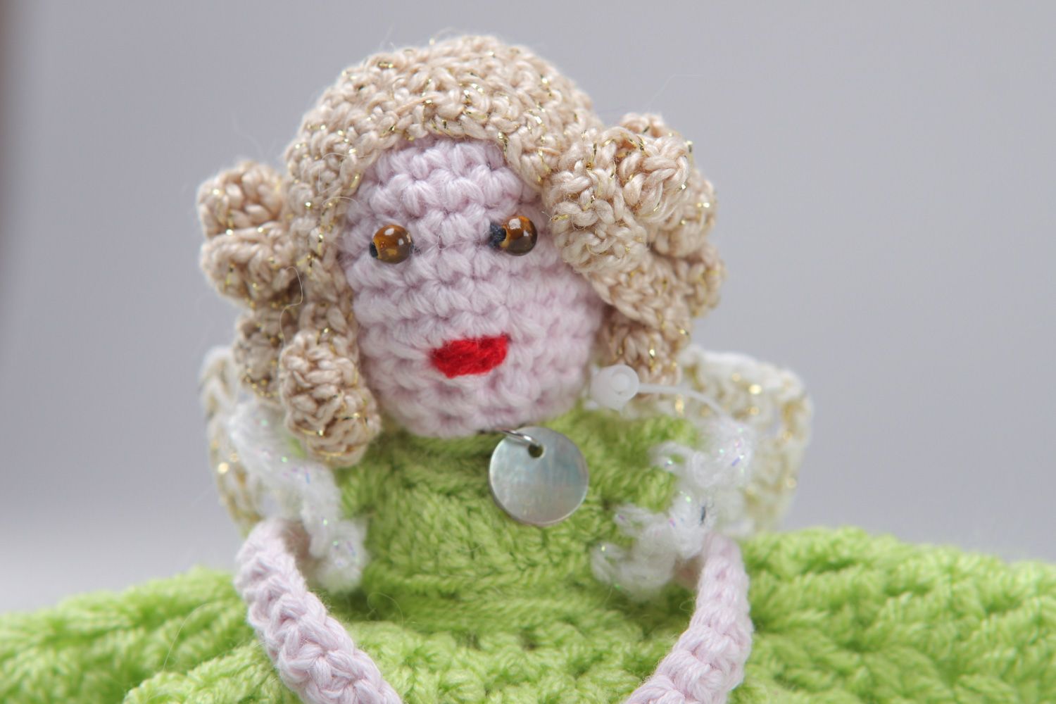 Handmade soft doll crocheted of cotton and acrylic threads Girl in green dress photo 2