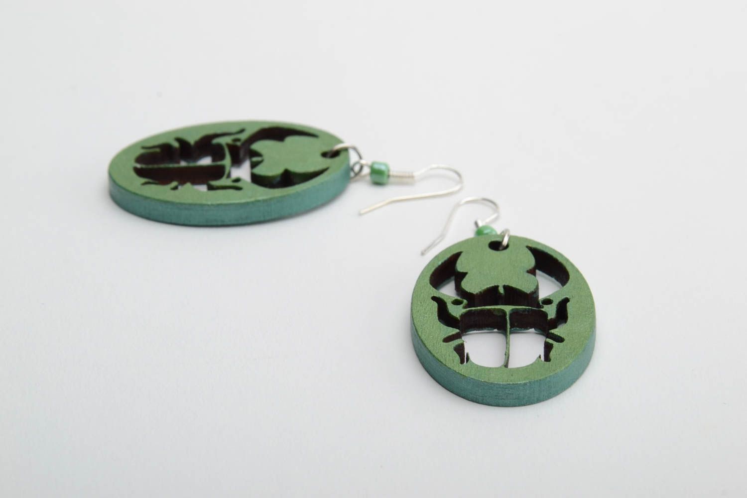 Beautiful handmade designer green plywood earrings for women Bugs photo 3