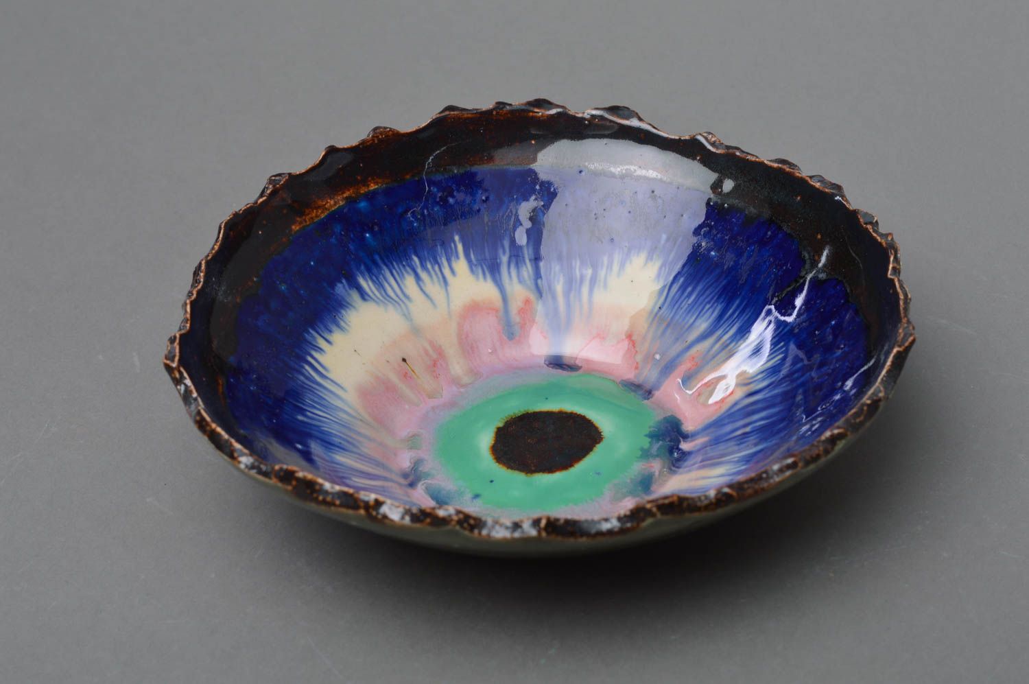 Stylish handmade colorful blue and green glazed porcelain bowl with ragged edge photo 1