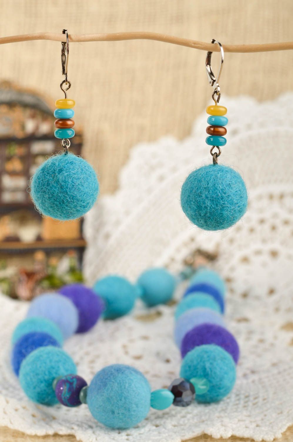 Handmade earrings with unusual bead necklace woolen accessory gift ideas photo 1