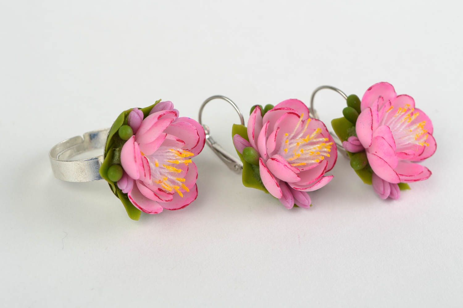 Pink cold porcelain flower jewelry set 2 pieces earrings and ring handmade photo 2