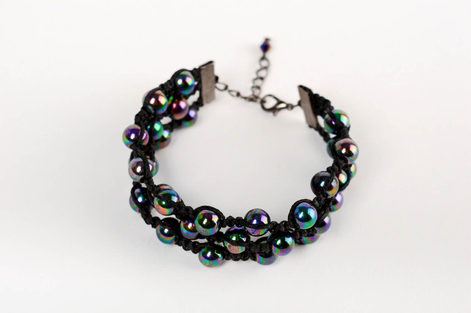Bracelet boules perles en céramique noires multirang macramé original fait main photo 2