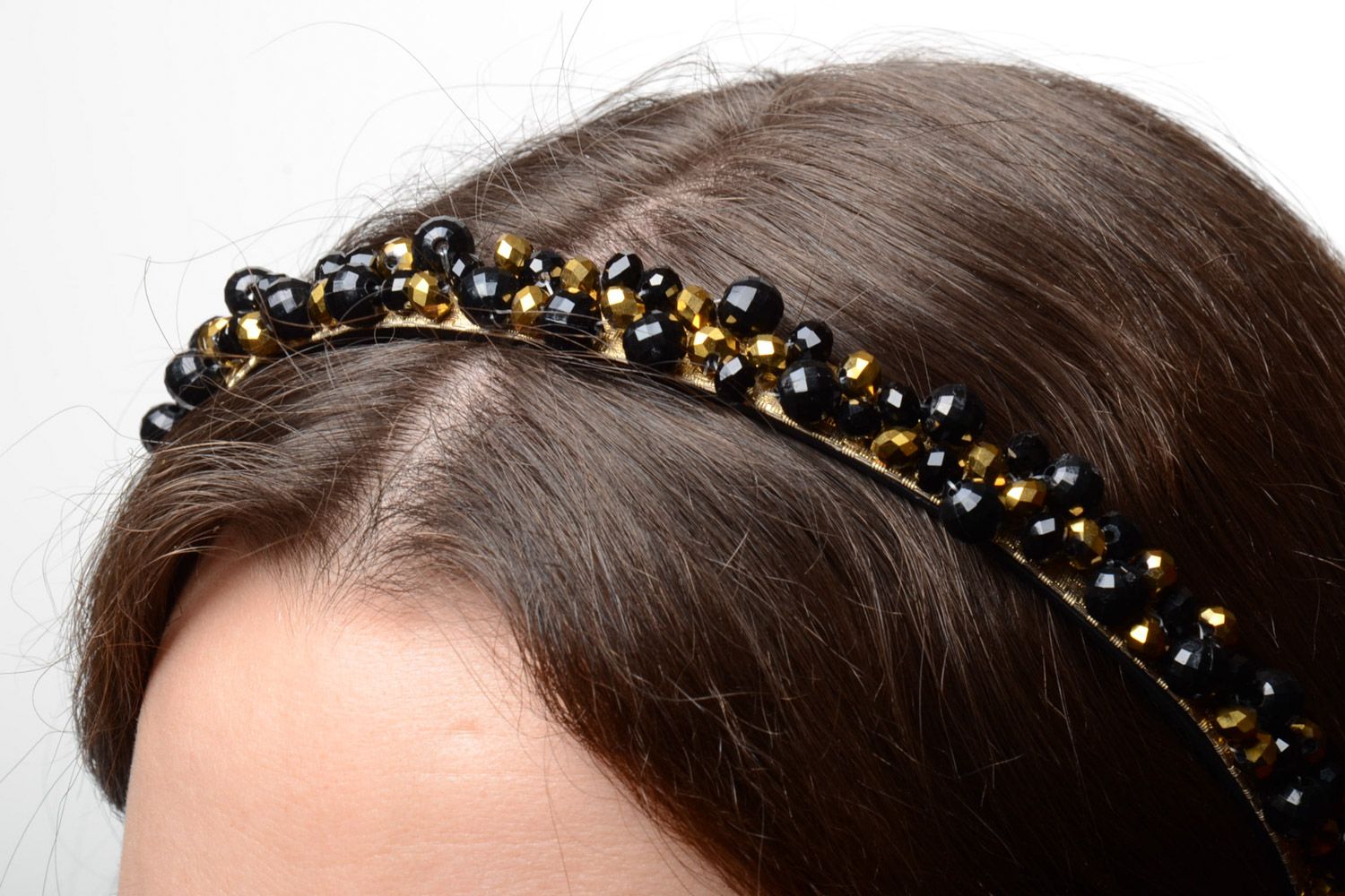 Beautiful handmade beaded headband of gold color for girls photo 1