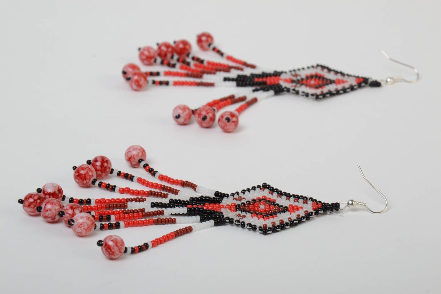 Ethnic handmade designer long earrings with fringe woven of Czech beads photo 3