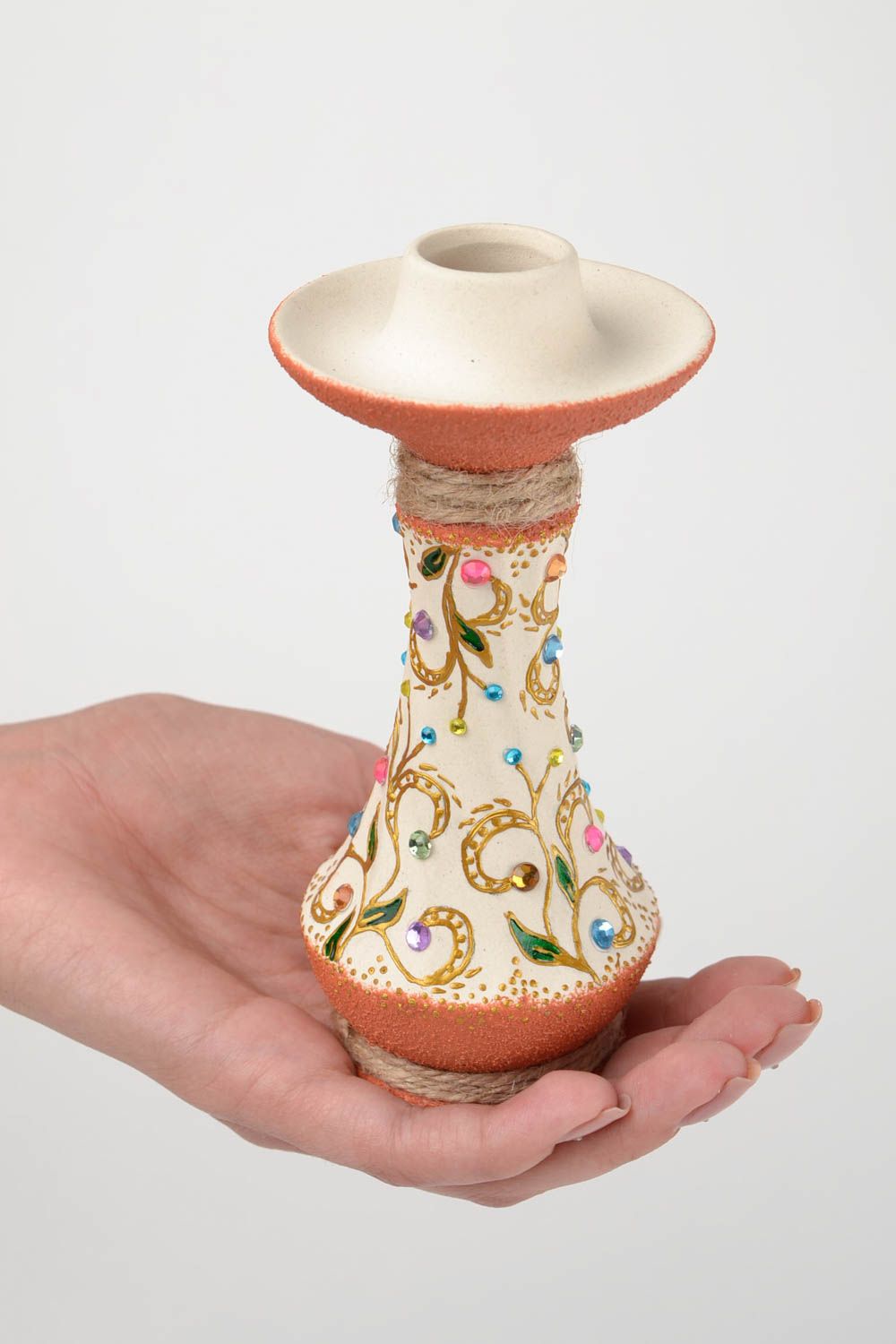 Handmade red clay one candlestick holder in white and brown colors 5,91 inches, 0,34 lb photo 2