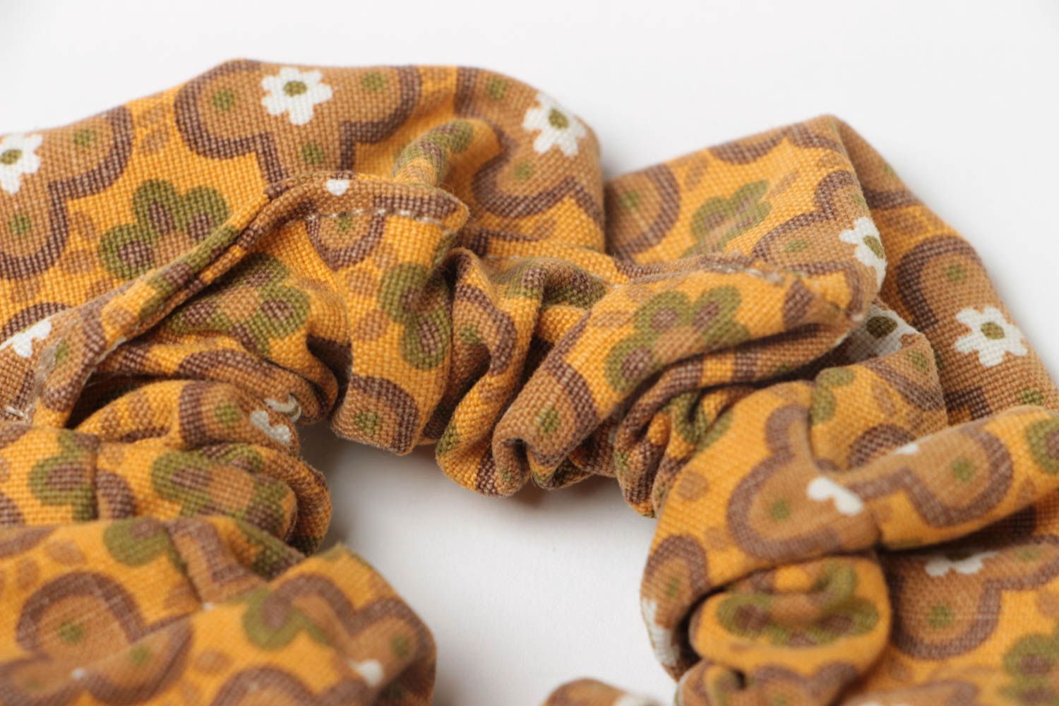 Decorative handmade volume hair tie sewn of yellow and brown cotton fabric photo 4
