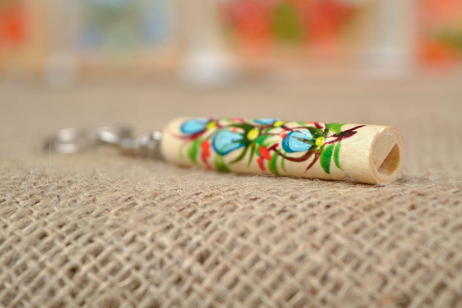 Wooden key ring handmade flute designer Petrikivka painting tin whistle present photo 1