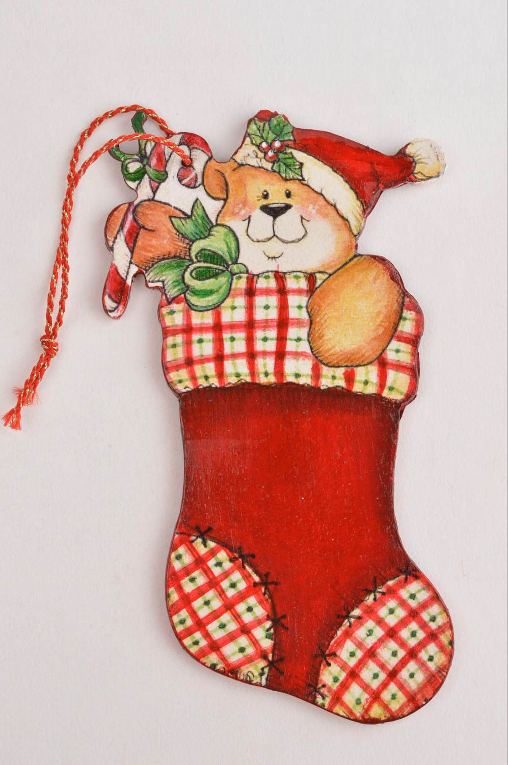 Игрушка на елку хэнд мэйд декор для дома украшение на Рождество Мишка в носке фото 2