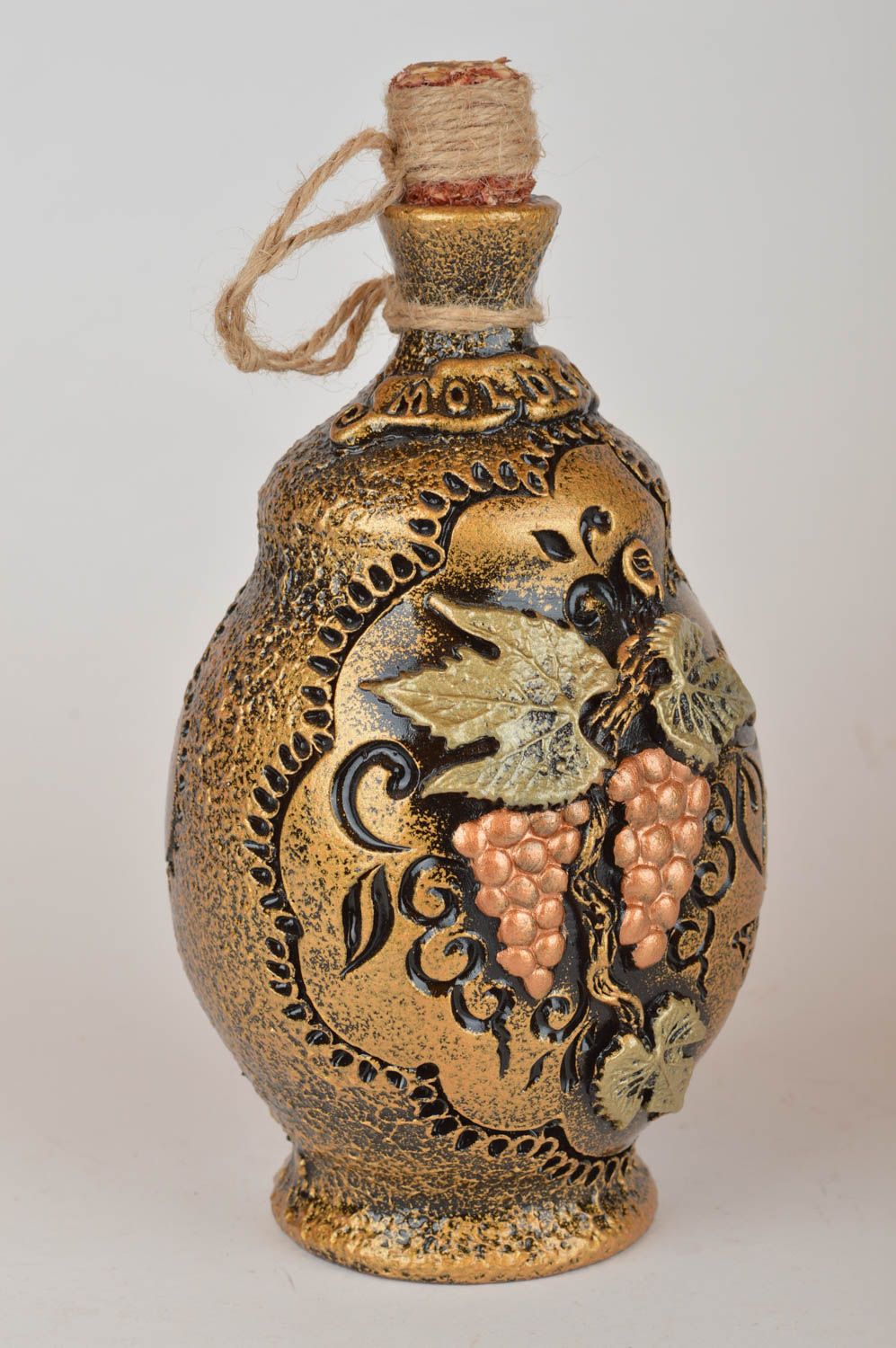 Unusual beautiful handcrafted painted clay bottle with cork 750 ml home decor photo 2