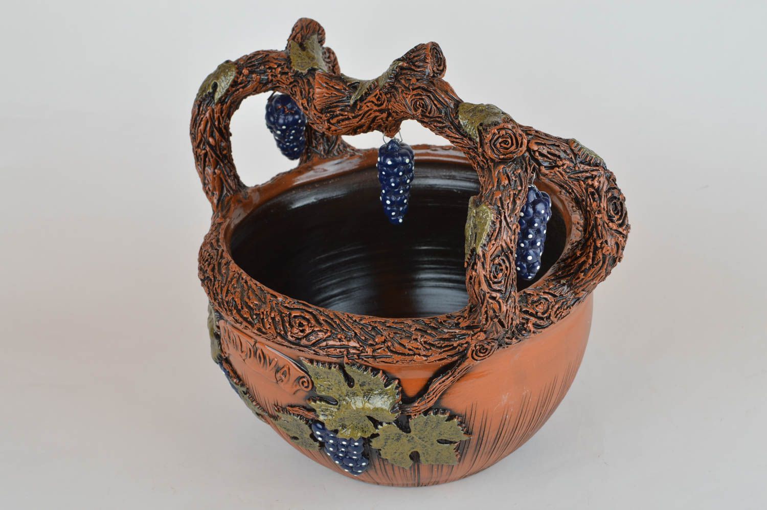 Handmade große Schale aus Ton Öko Geschirr Keramik Schüssel mit Weintrauben foto 2