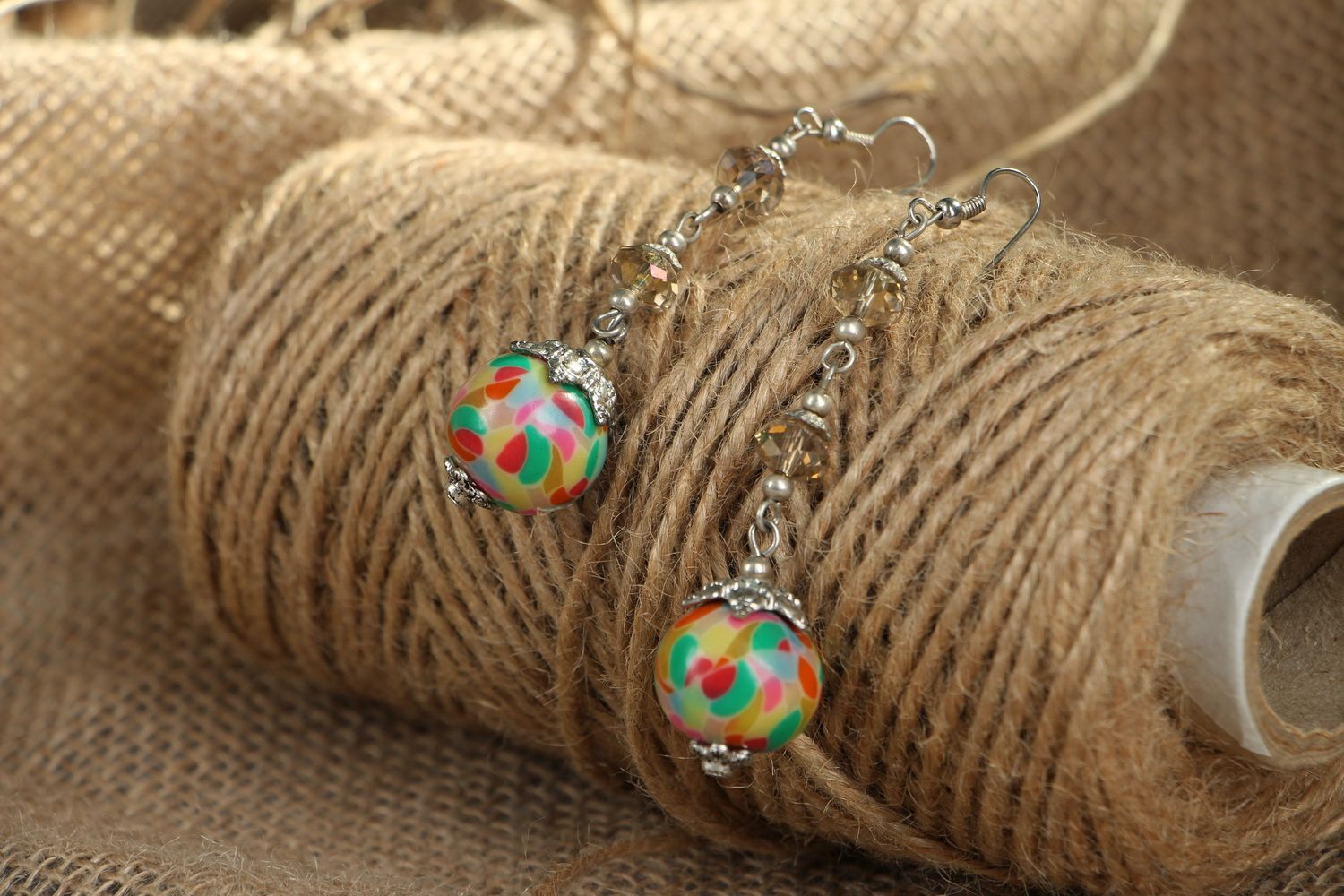 Earrings made ​​of polymer clay with crystal photo 3