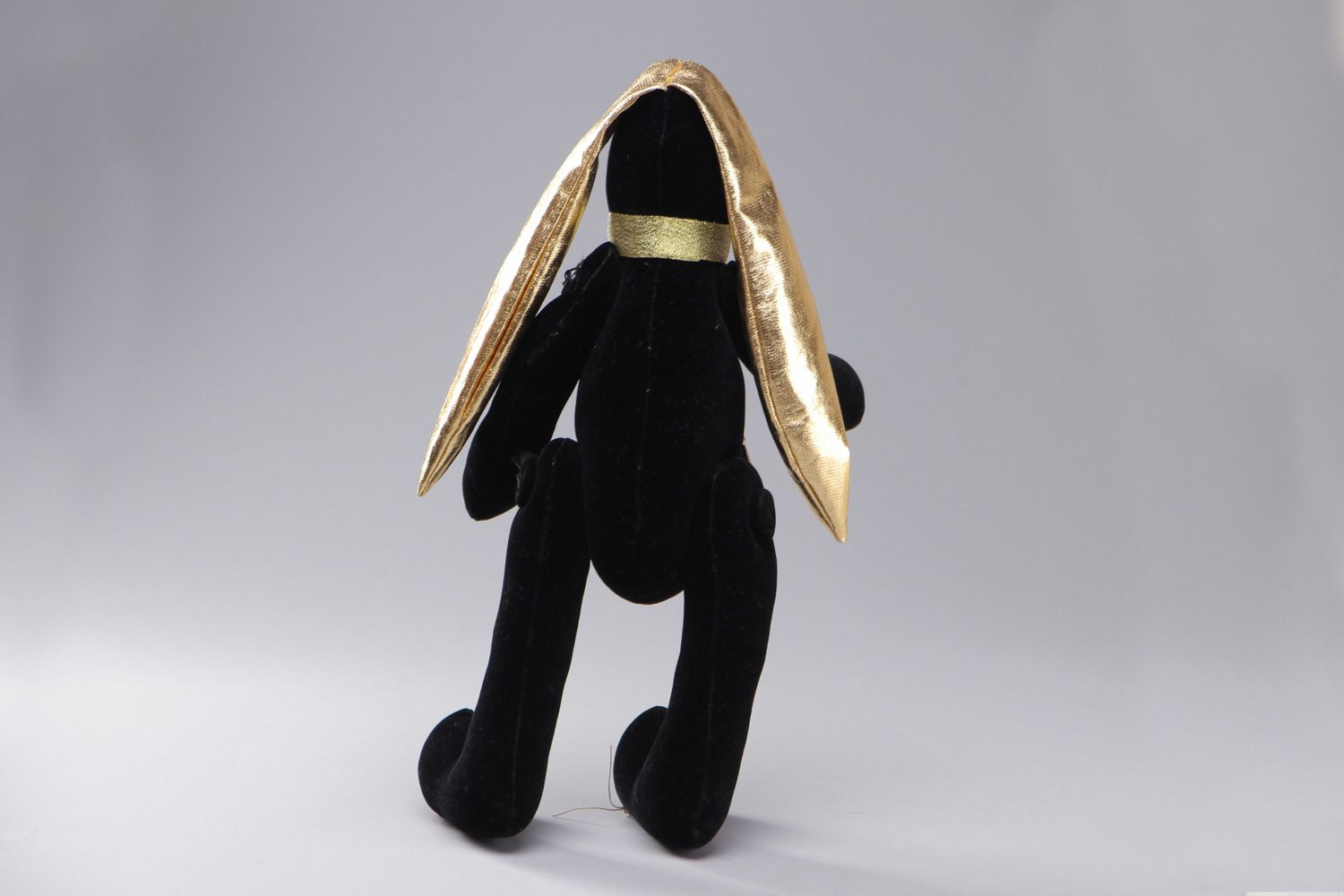 Handmade velour fabric soft toy long-eared hare of black and gold colors for children photo 3