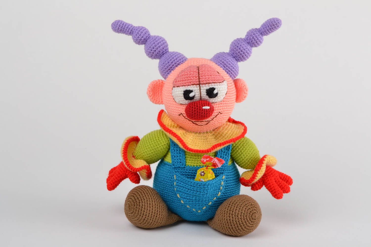 Handmade designer soft toy crocheted of acrylic threads colorful bright clown photo 1