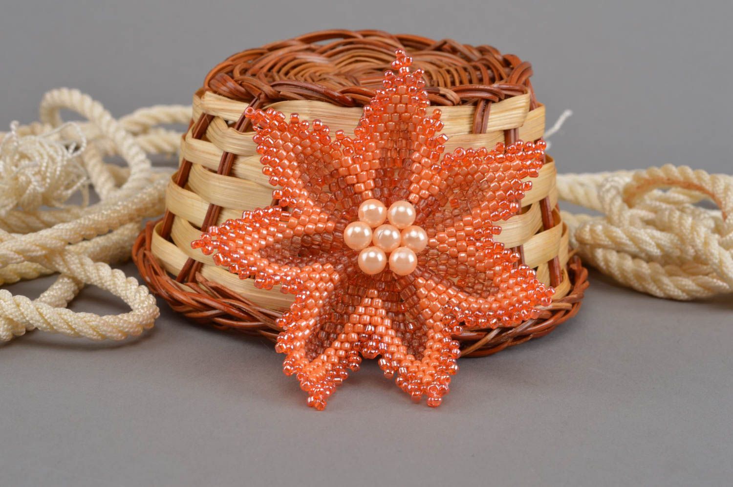 Orange beaded brooch flower beautiful accessory handmade stylish brooch photo 1