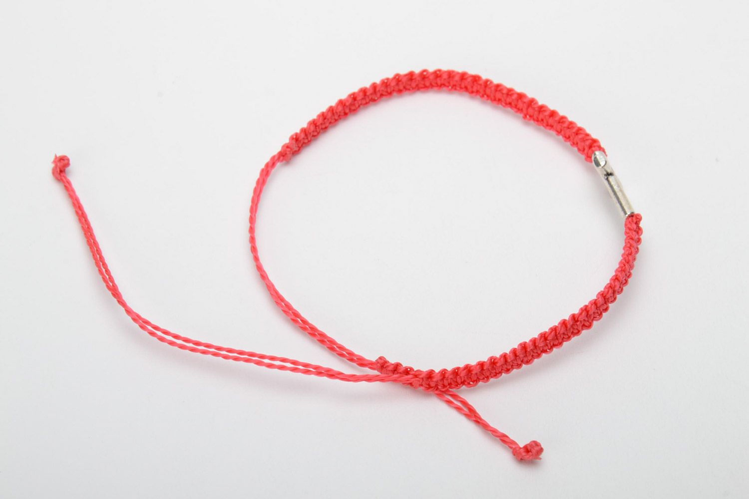 Handmade red friendship wrist bracelet woven of threads with metal cross photo 4