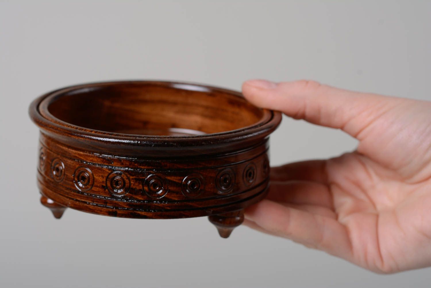 Handmade round wooden candy bowl decorated with carving and varnished  photo 4