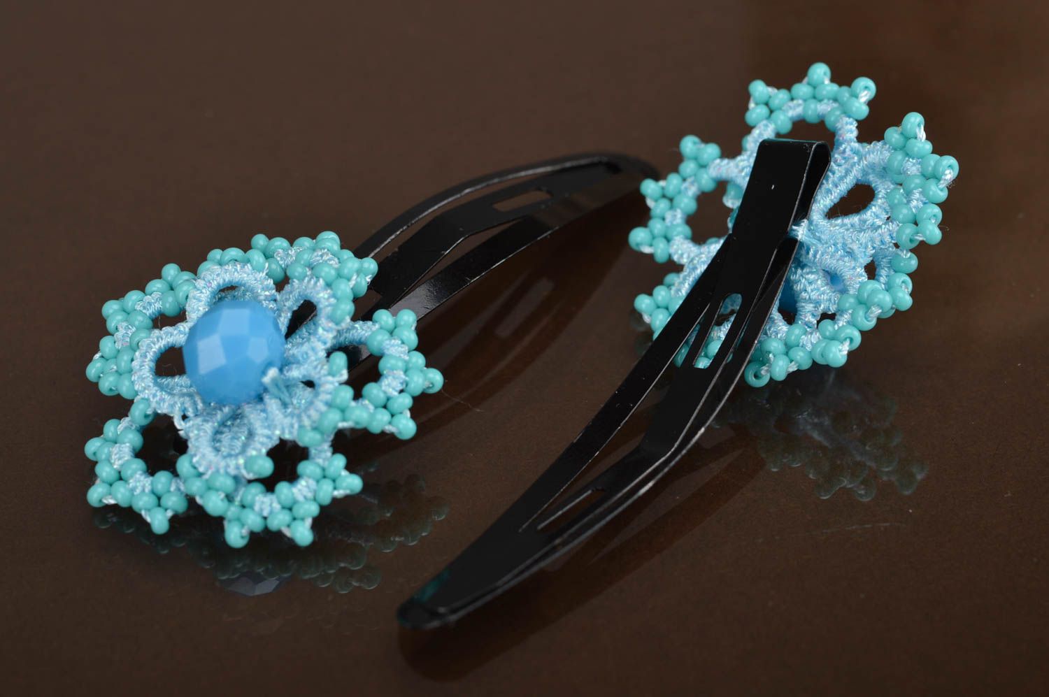 Handmade Textil Glasperlen Haarspangen in Blau 2 Stück Occhi Technik schön foto 5