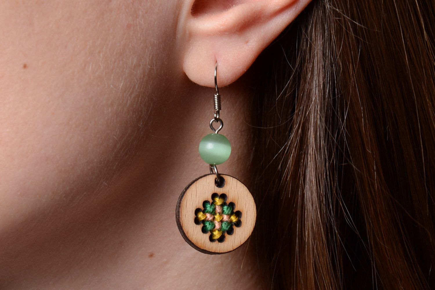 Handmade plywood earrings with cross stitch embroidery and beads in ethnic style photo 5