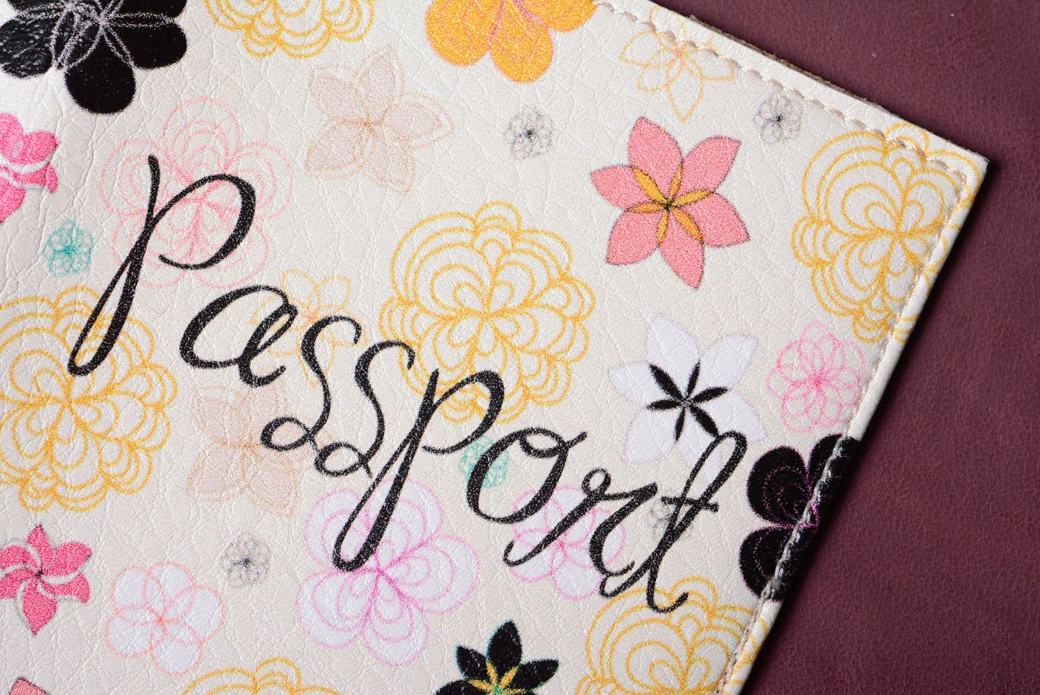 Homemade leather passport cover with flower print photo 4