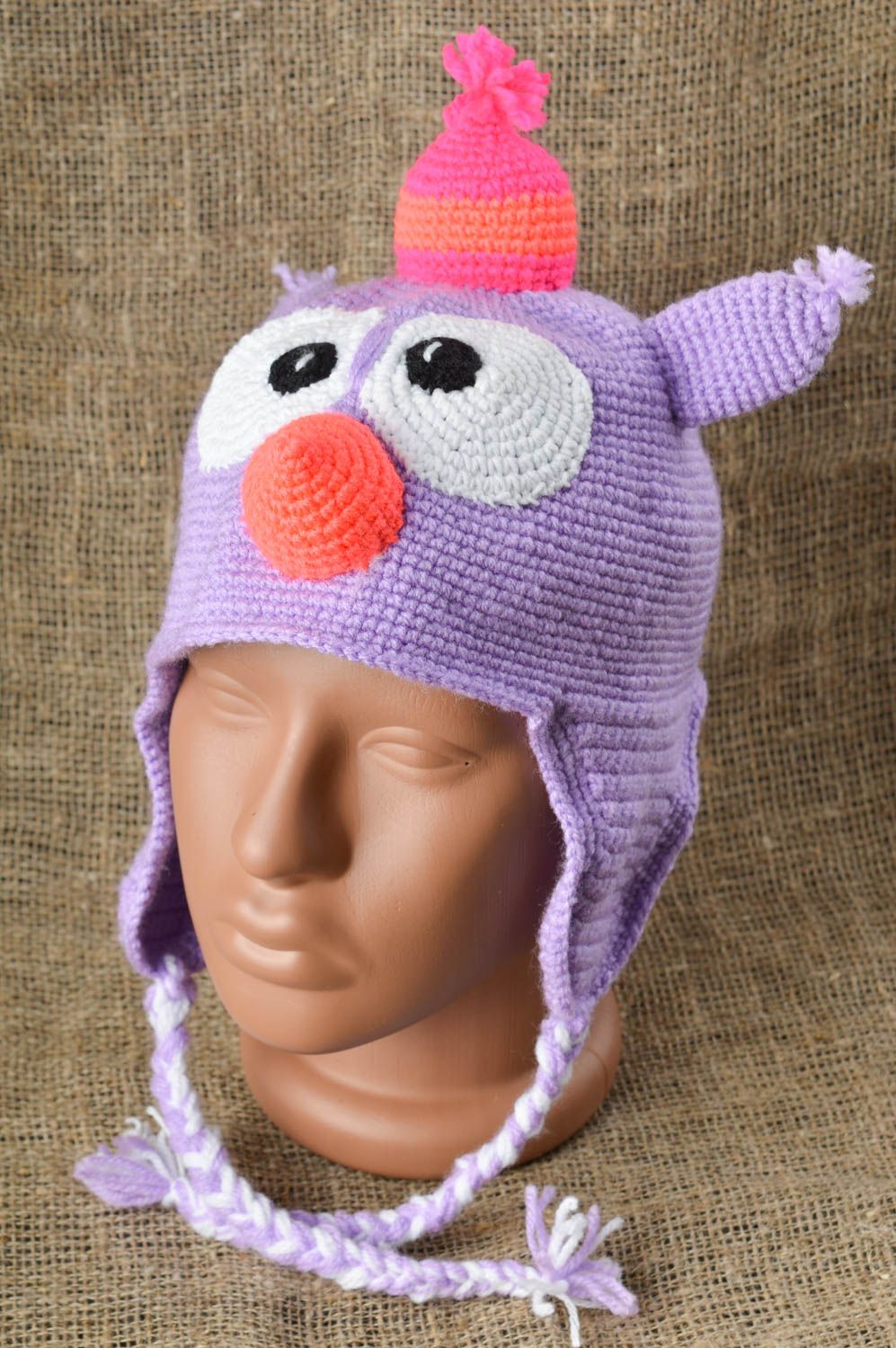 Bonnet tricot fait main Chapeau au crochet Vêtement enfant violet hibou hiver photo 1