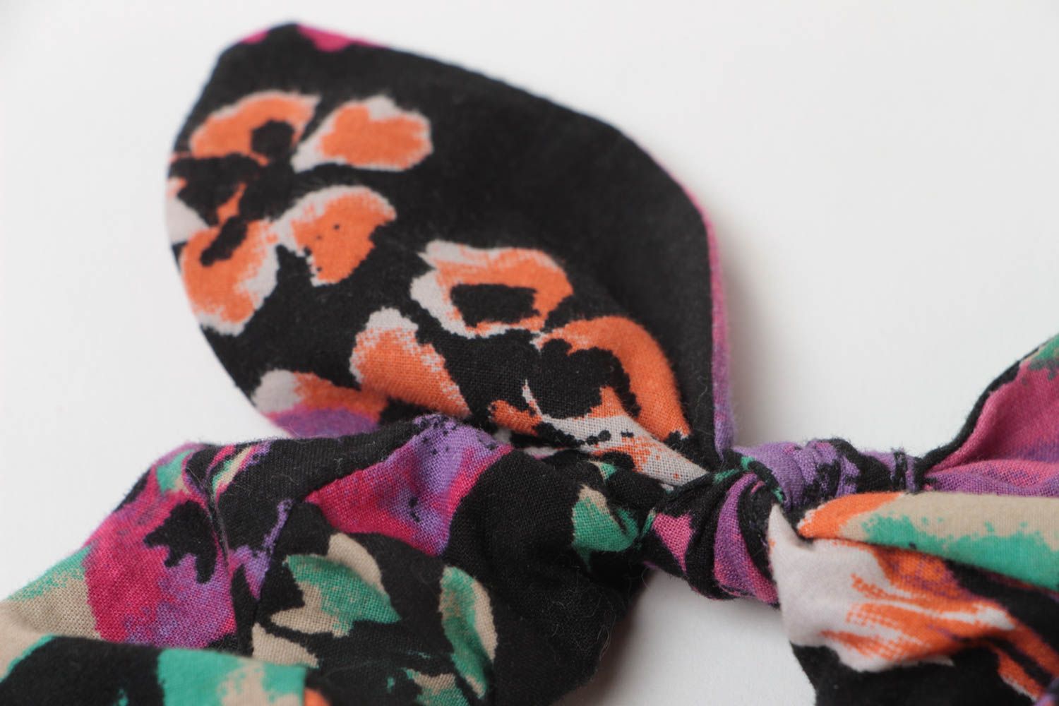 Homemade designer volume hair tie sewn of dark motley fabric with dolly bow photo 4
