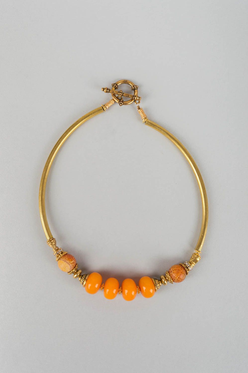 Summer designer bright yellow handmade brass necklace with amber with strasses photo 2