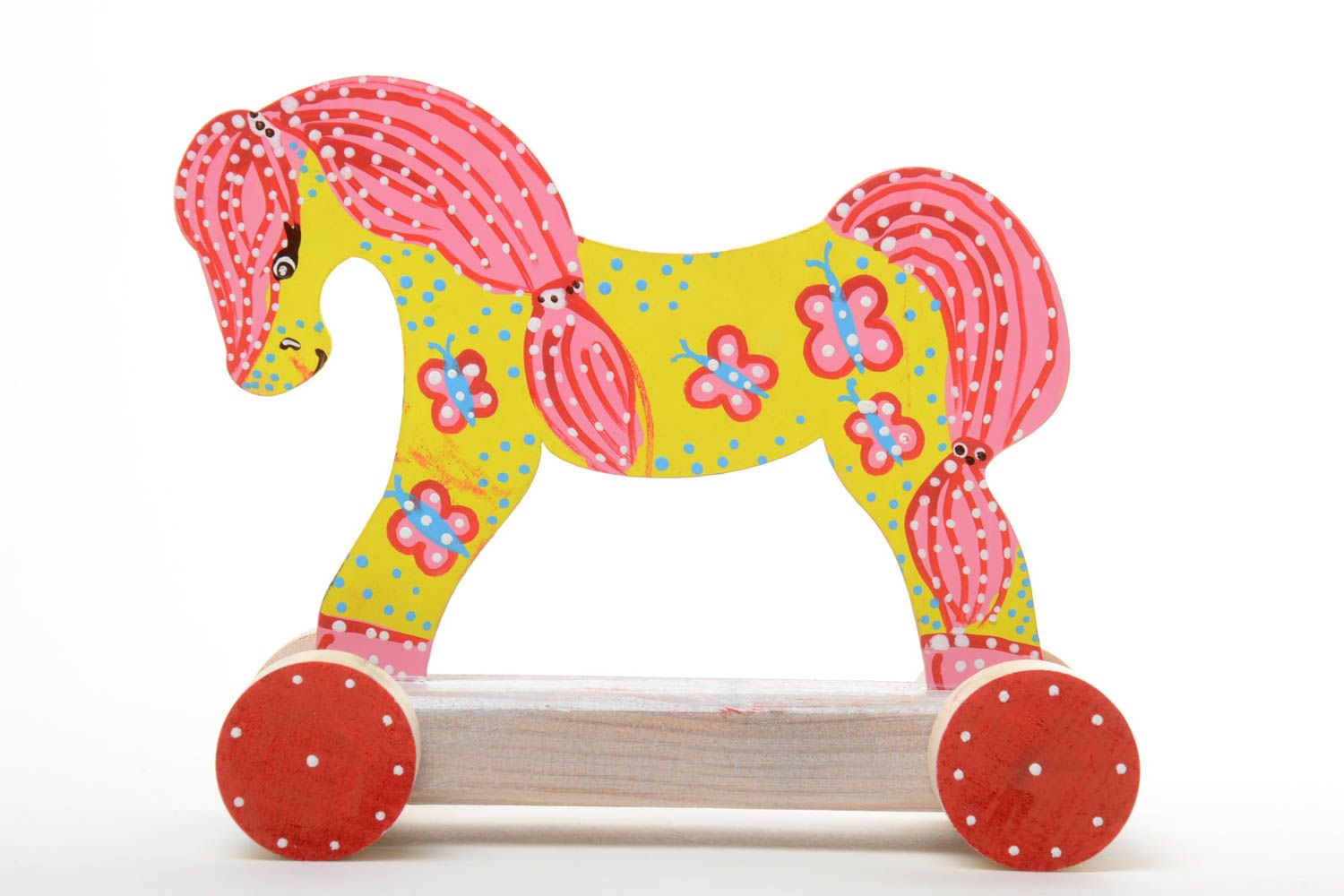 Игрушка лошадка на колесиках небольшая деревянная разноцветная ручная работа  фото 1