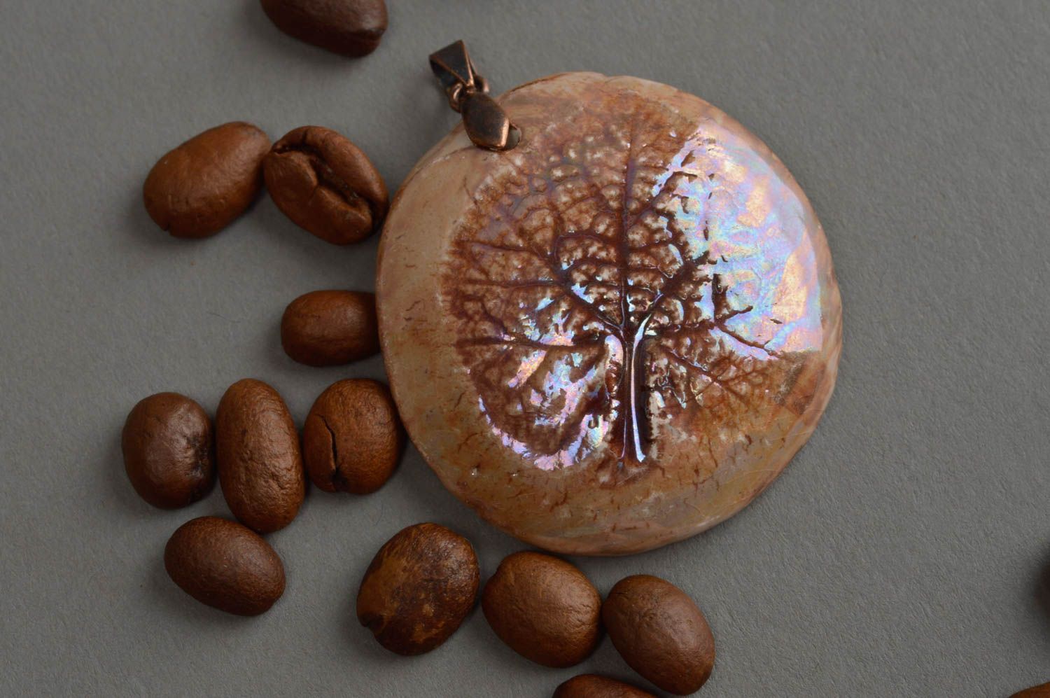 Handmade painted pendant designer ceramic accessory unusual stylish jewelry photo 1