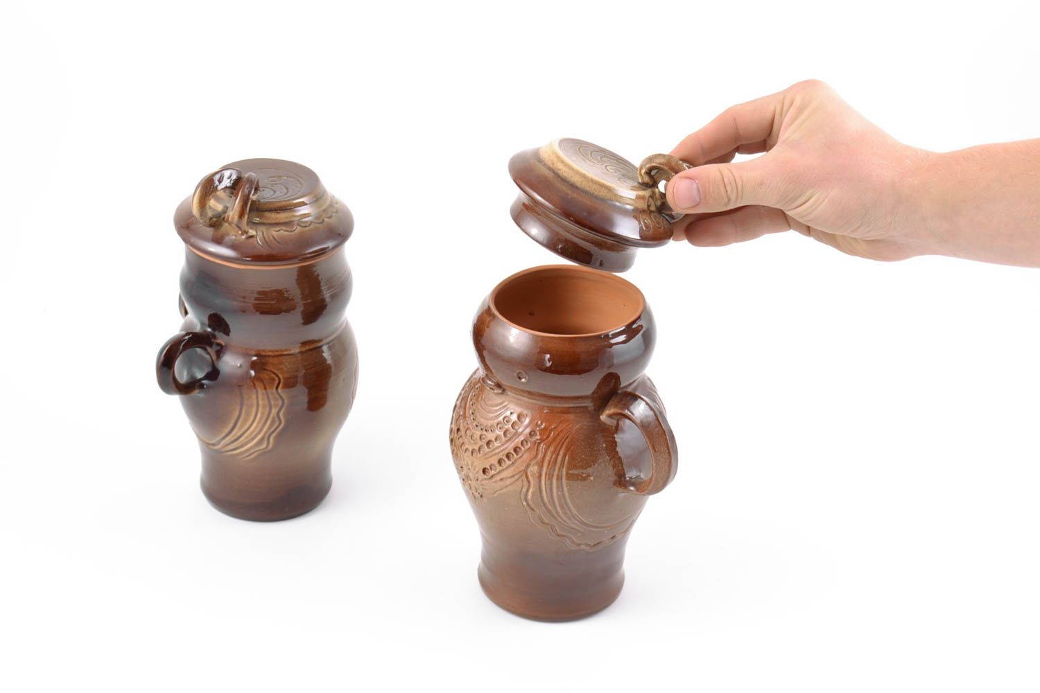 Set of 2 handmade decorative brown ceramic pots with lids coated with glaze photo 5