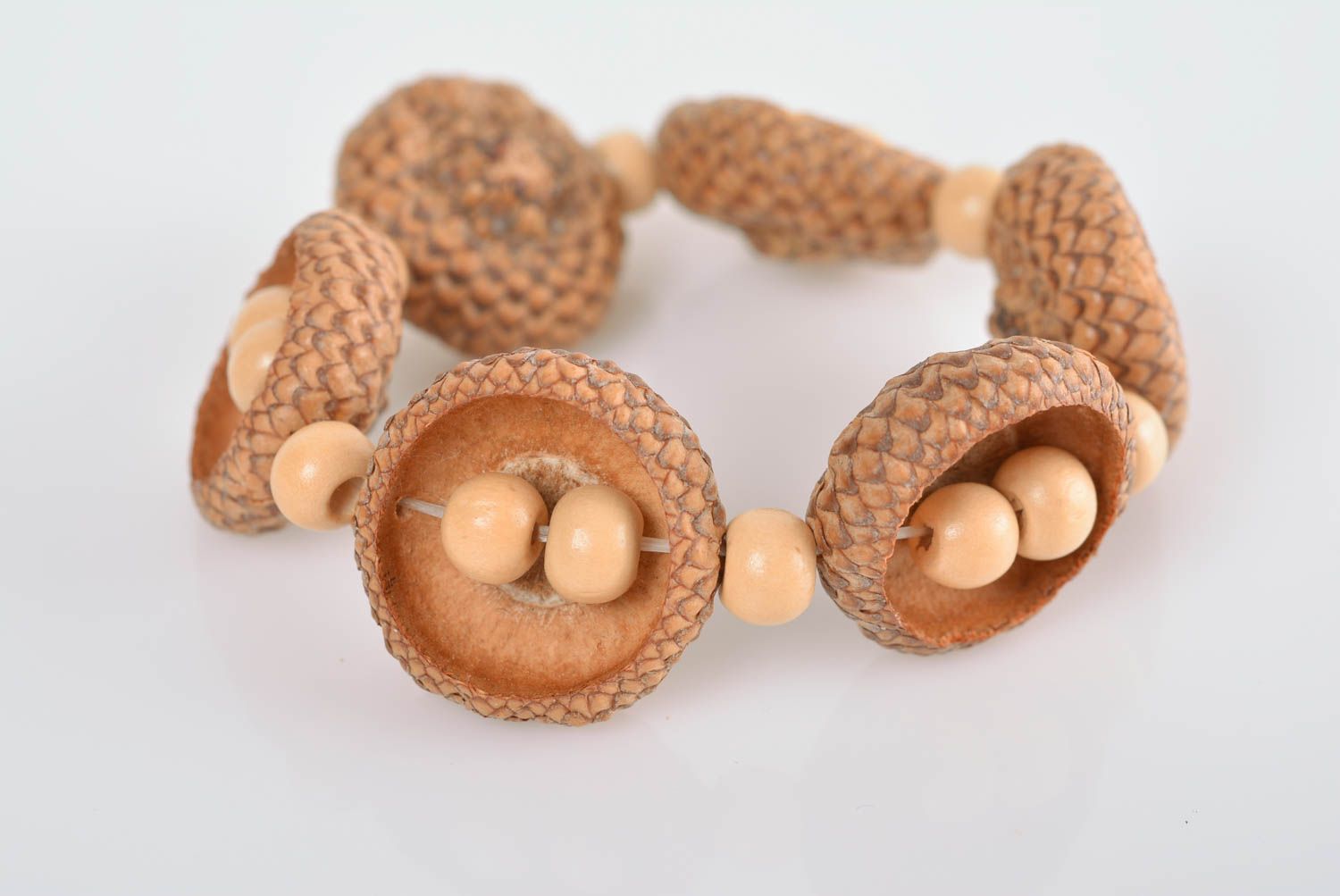 Bracelet with wooden beads and acorns handmade accessory in eco-style photo 6