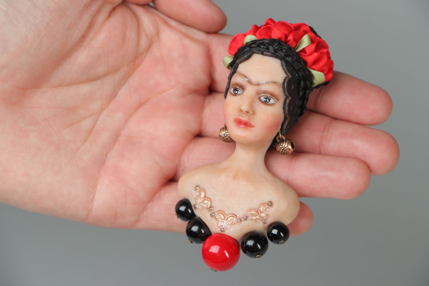Polymer clay brooch in the shape of Frida Khalo photo 4