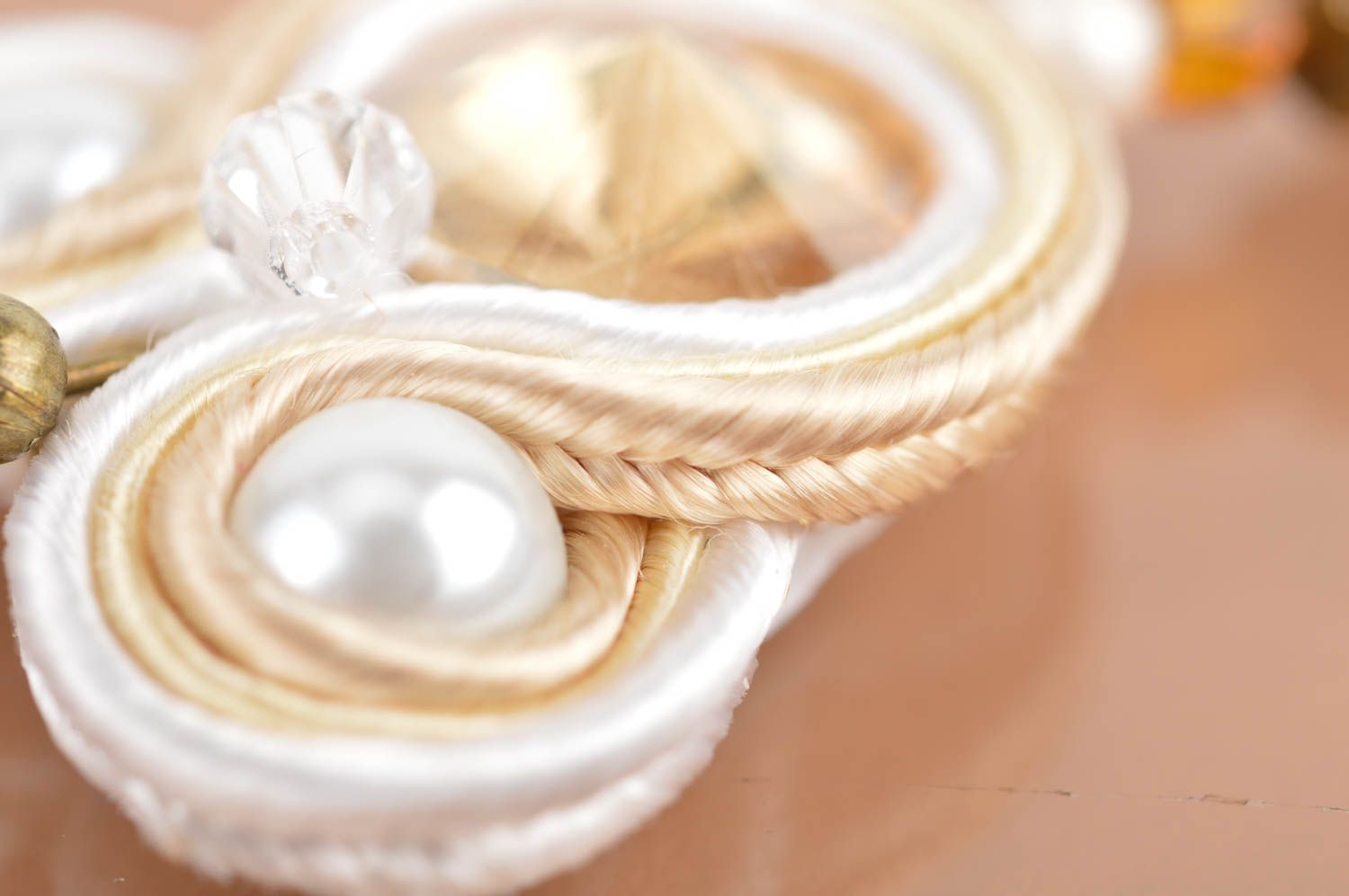 Beautiful beige handmade designer long soutache earrings with beads for women photo 4