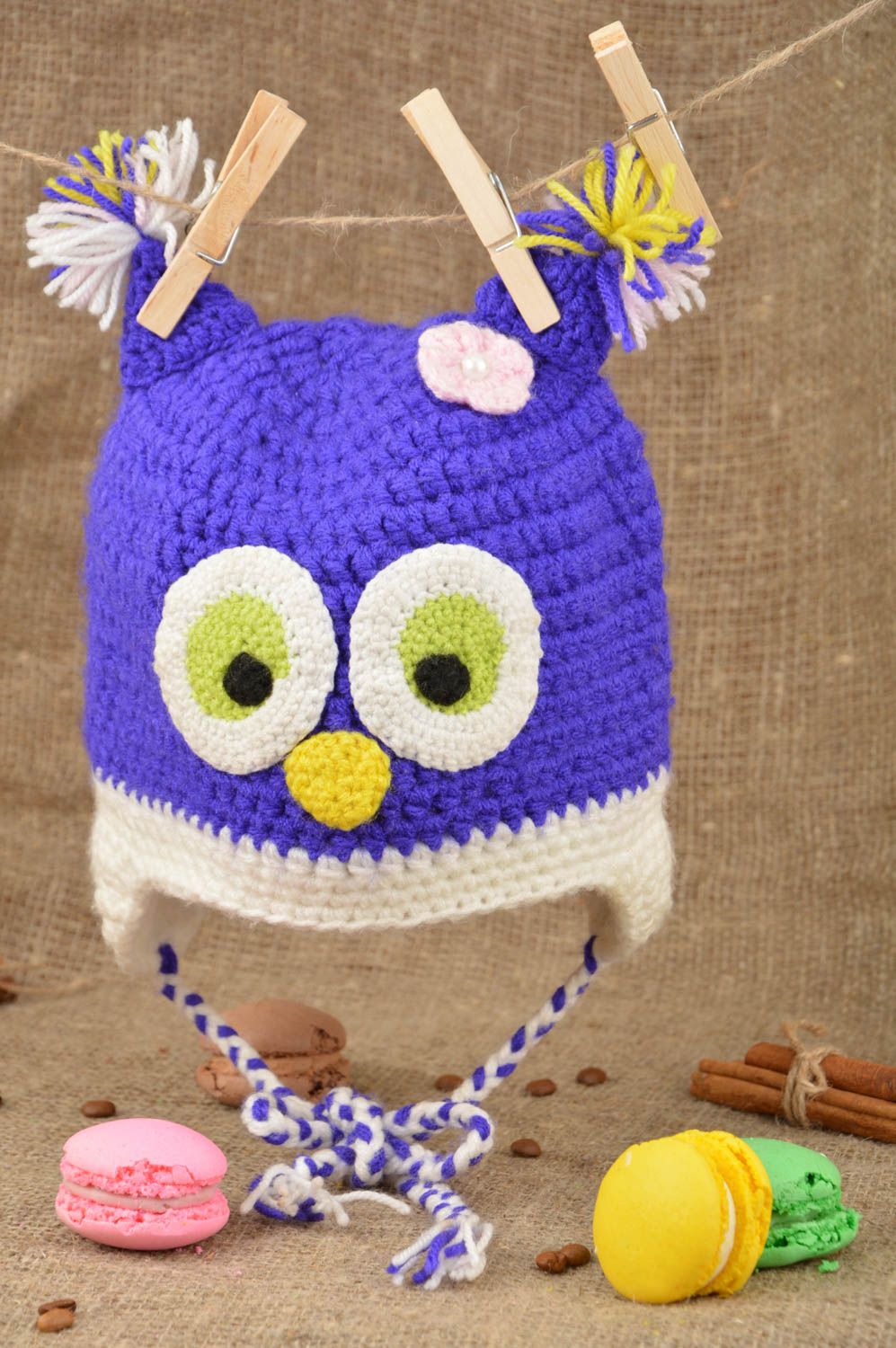 Handmade funny baby's warm hat crocheted of cotton and woolen threads blue owl photo 1