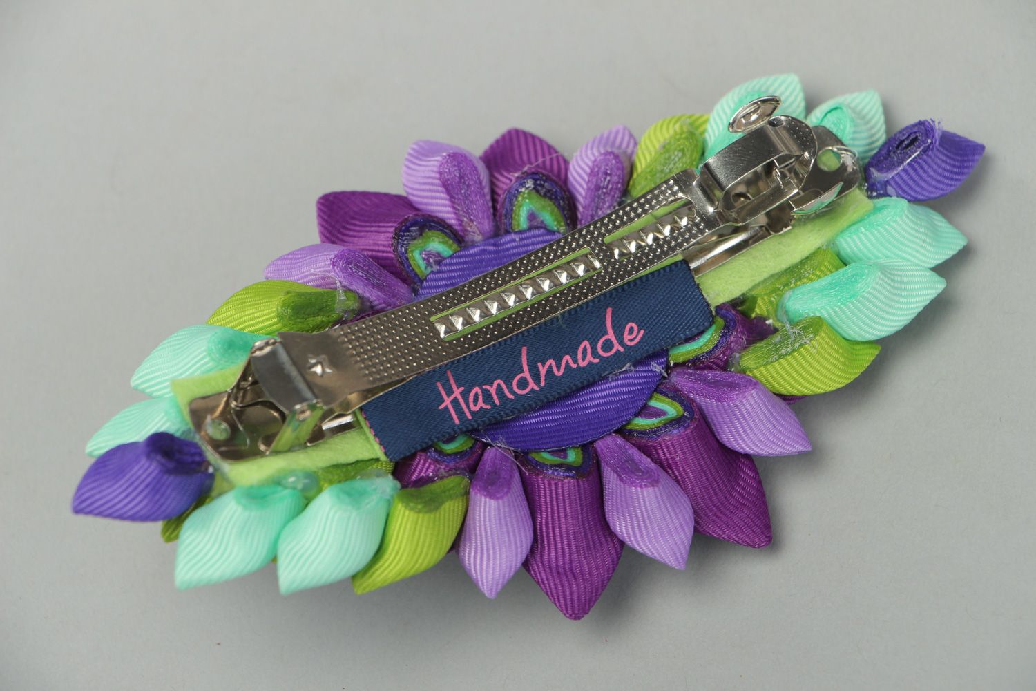 Handmade hair clip created of rep ribbons using kanzashi technique for women photo 3