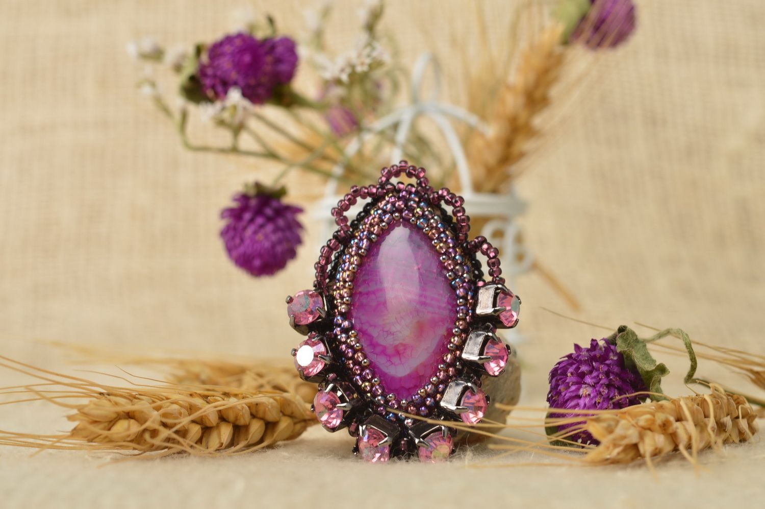 Pendentif agate perles de rocaille Bijou fait main ovale violet Cadeau femme photo 1