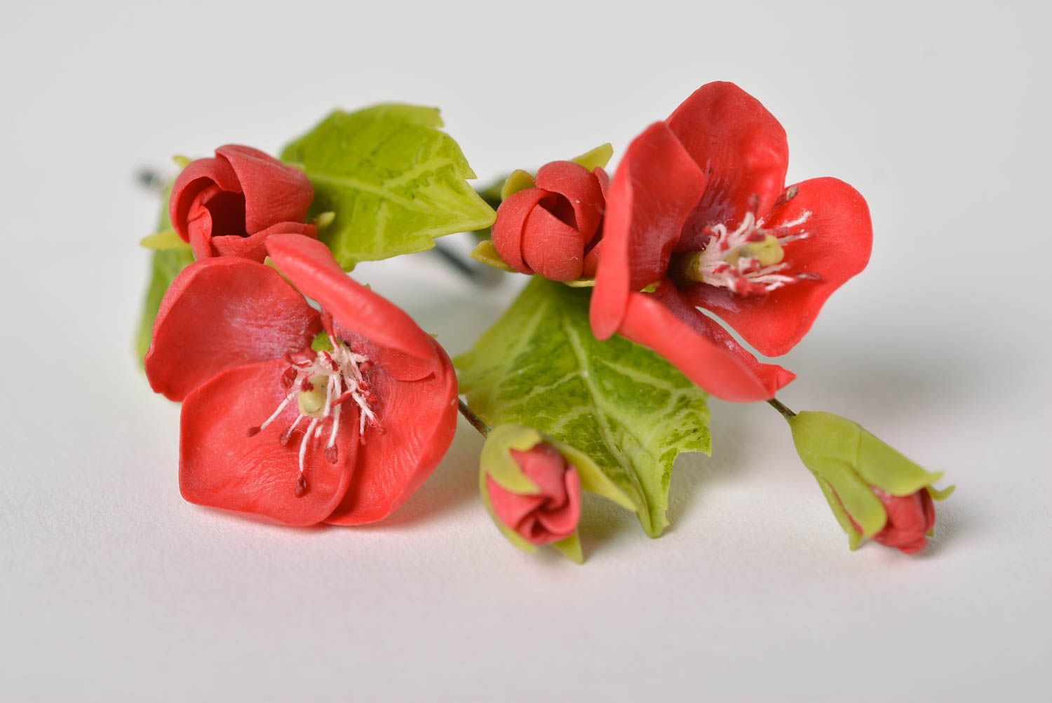 Beautiful handmade molded long polymer clay flower earrings Apple Blossom photo 2