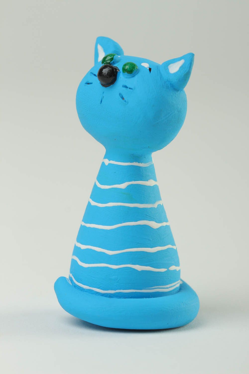 Statuette chat bleu faite main Figurine animal petite peinte rayée Déco maison photo 2