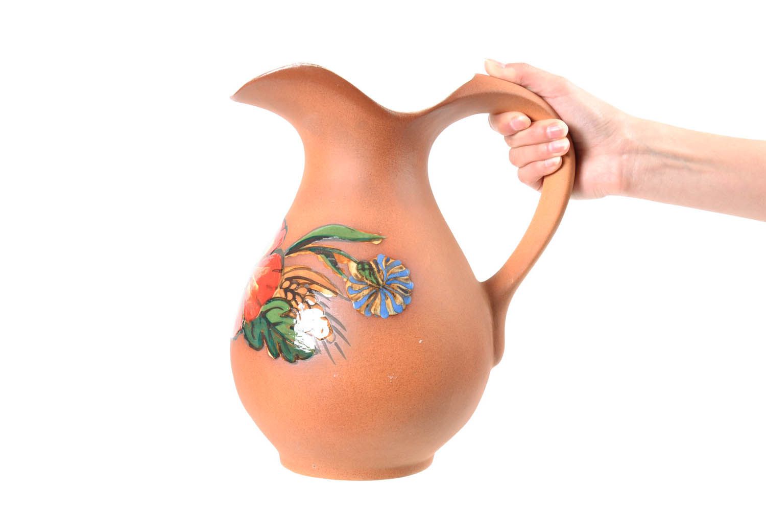 Large handmade 100 oz ceramic water jug in terracotta color with floral design 4 lb photo 2
